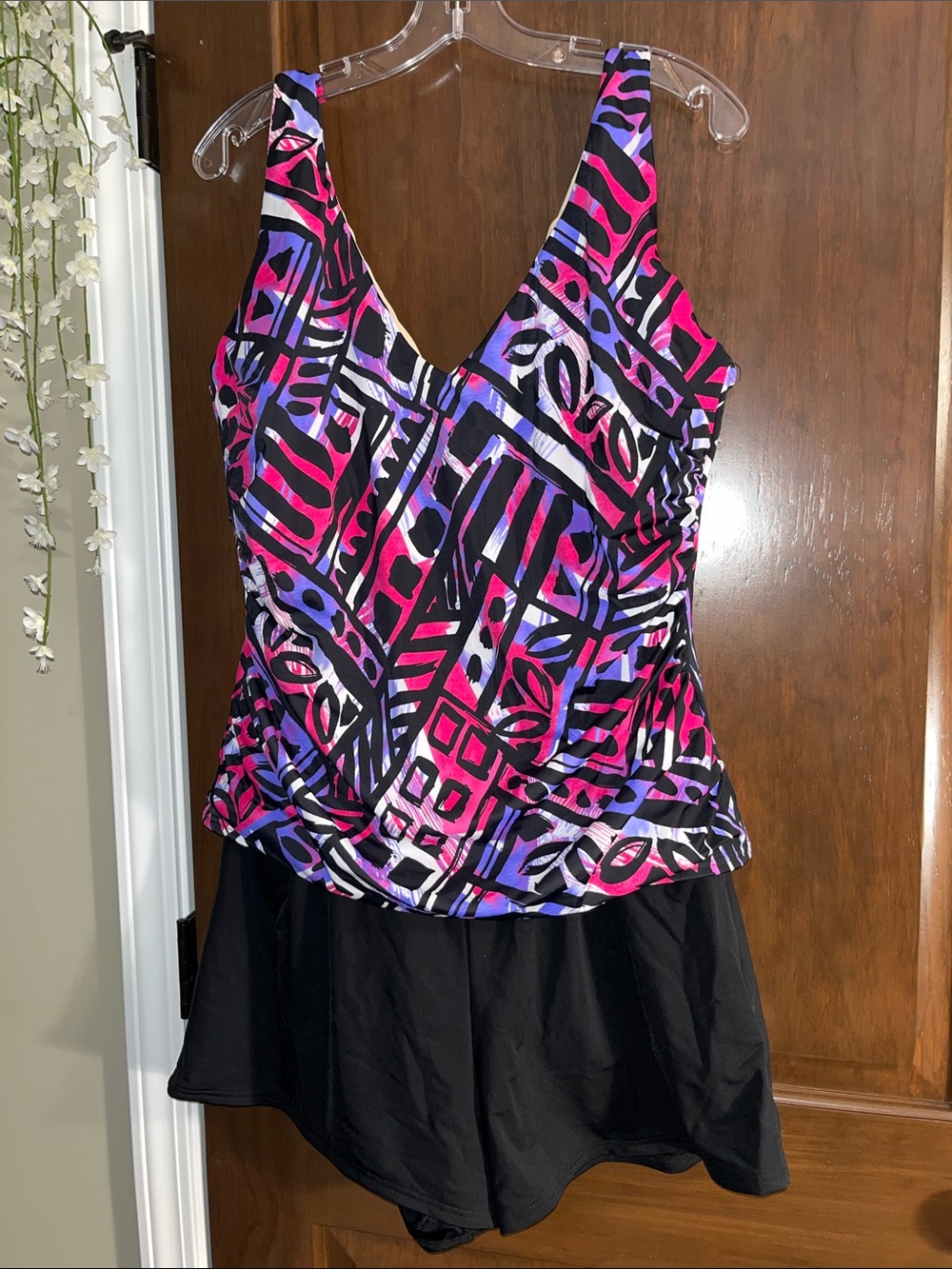 Abstract Geo-Print One-Piece Swimdress in Pink, Purple & Black